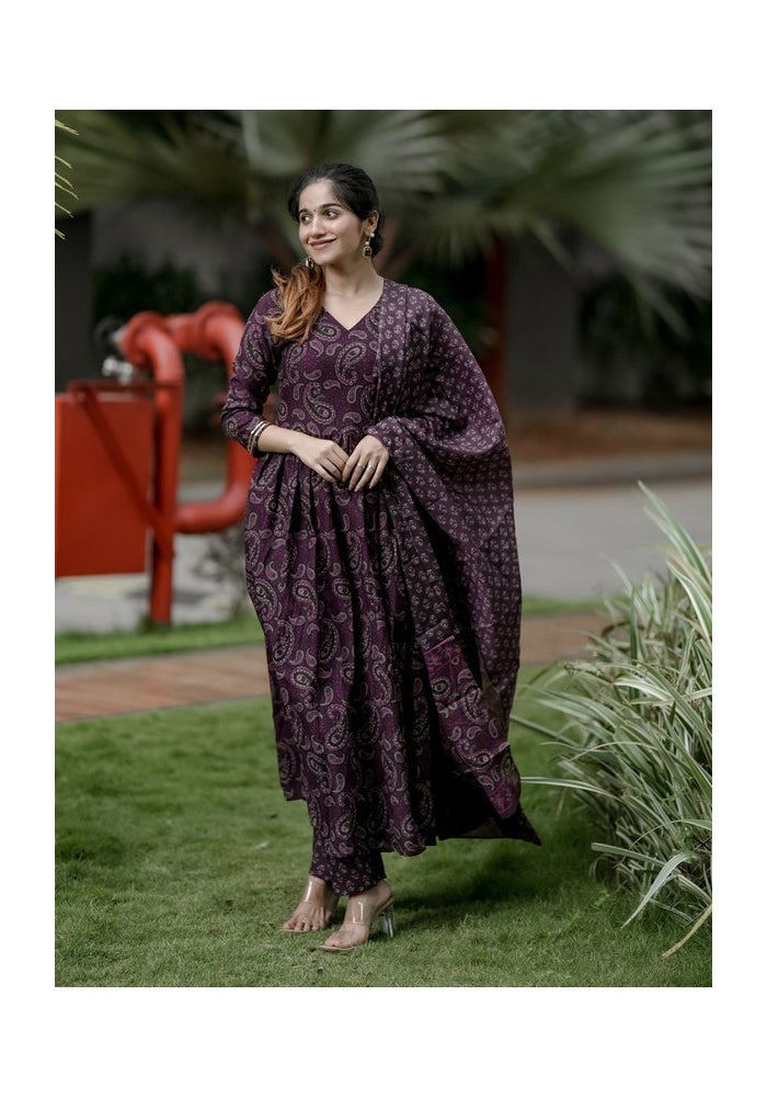 Malishka Export Purple Rayon Printed Anarkali Kurta Pant With Dupatta for Women - Image 1
